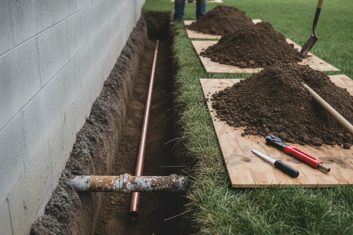 Excavated water line trench during Sewer Line Repair in Sterrett
